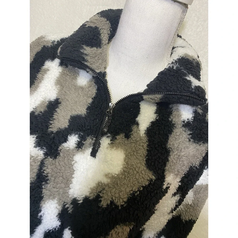 Eddie Bauer Fleece Pullover Women Size XL Black Camo Plush 1/4 Zip Soft Jacket